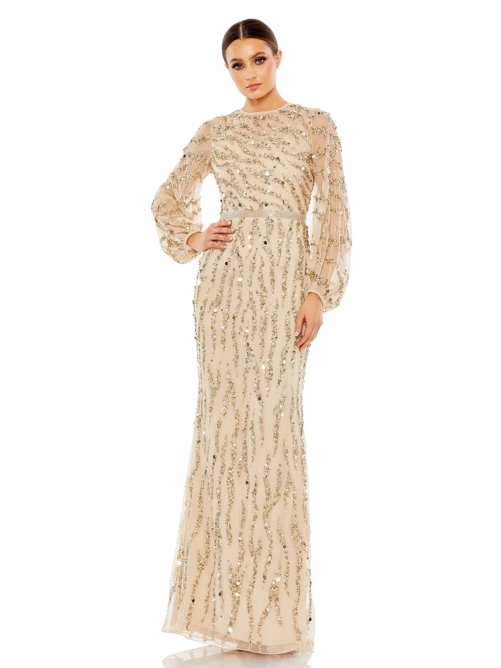 Mac Duggal Champagne Beaded Long Sleeve Evening Gown